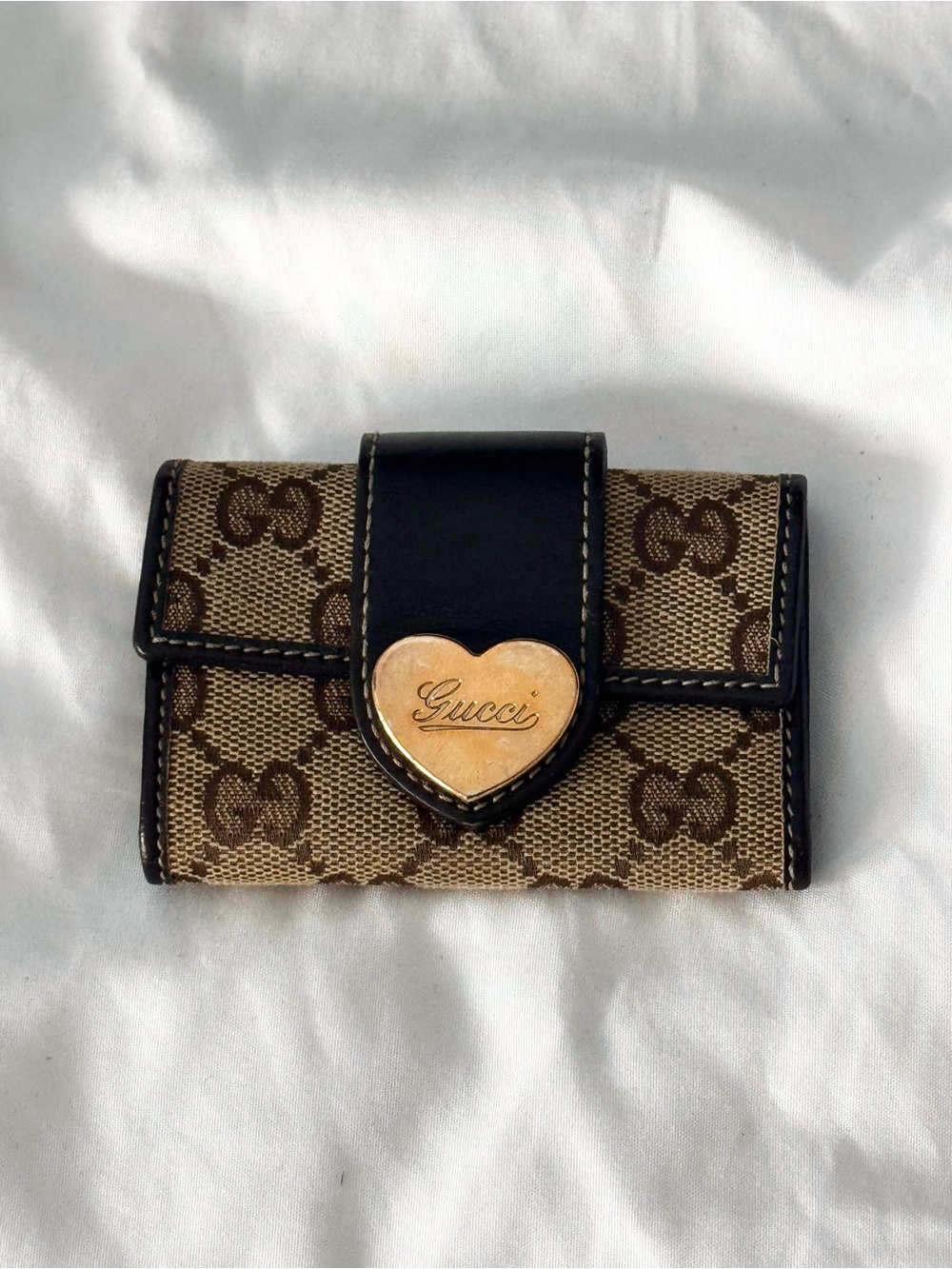 Gucci Brown GG Monogram Canvas Card Holder with Gold Heart Emblem